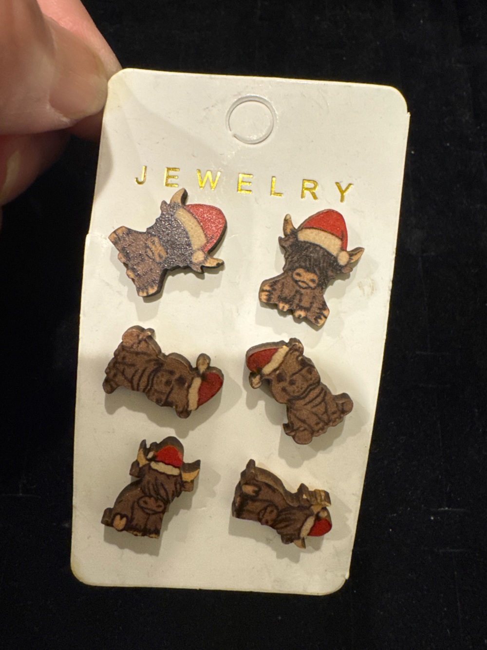 Christmas Animal Stud Earrings Set 3 Pairs Wood Cat Dog Santa Hat Holiday